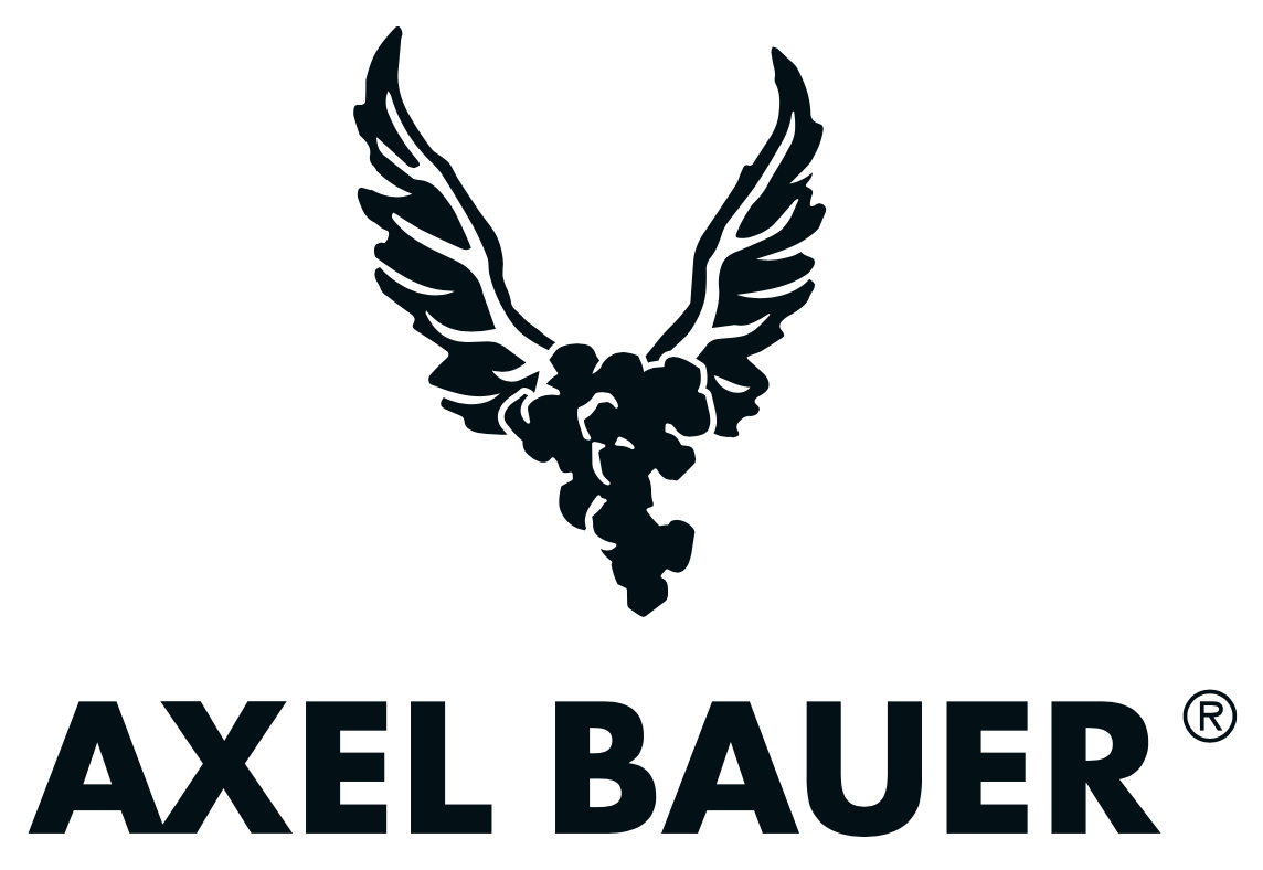 Logo mit schwarzem Adler, stilisierte Flügel, Text "AXEL BAUER" in kräftiger Schrift.