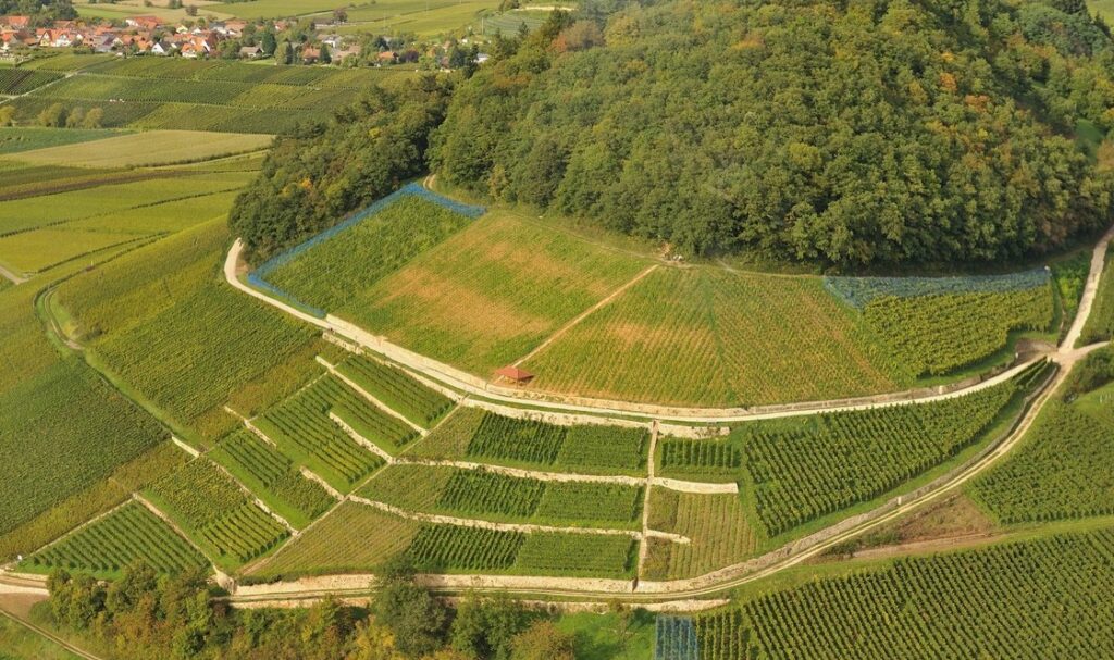 Luftaufnahme eines grün bewachsenen Hügels mit Terrassen und umliegenden Feldern.