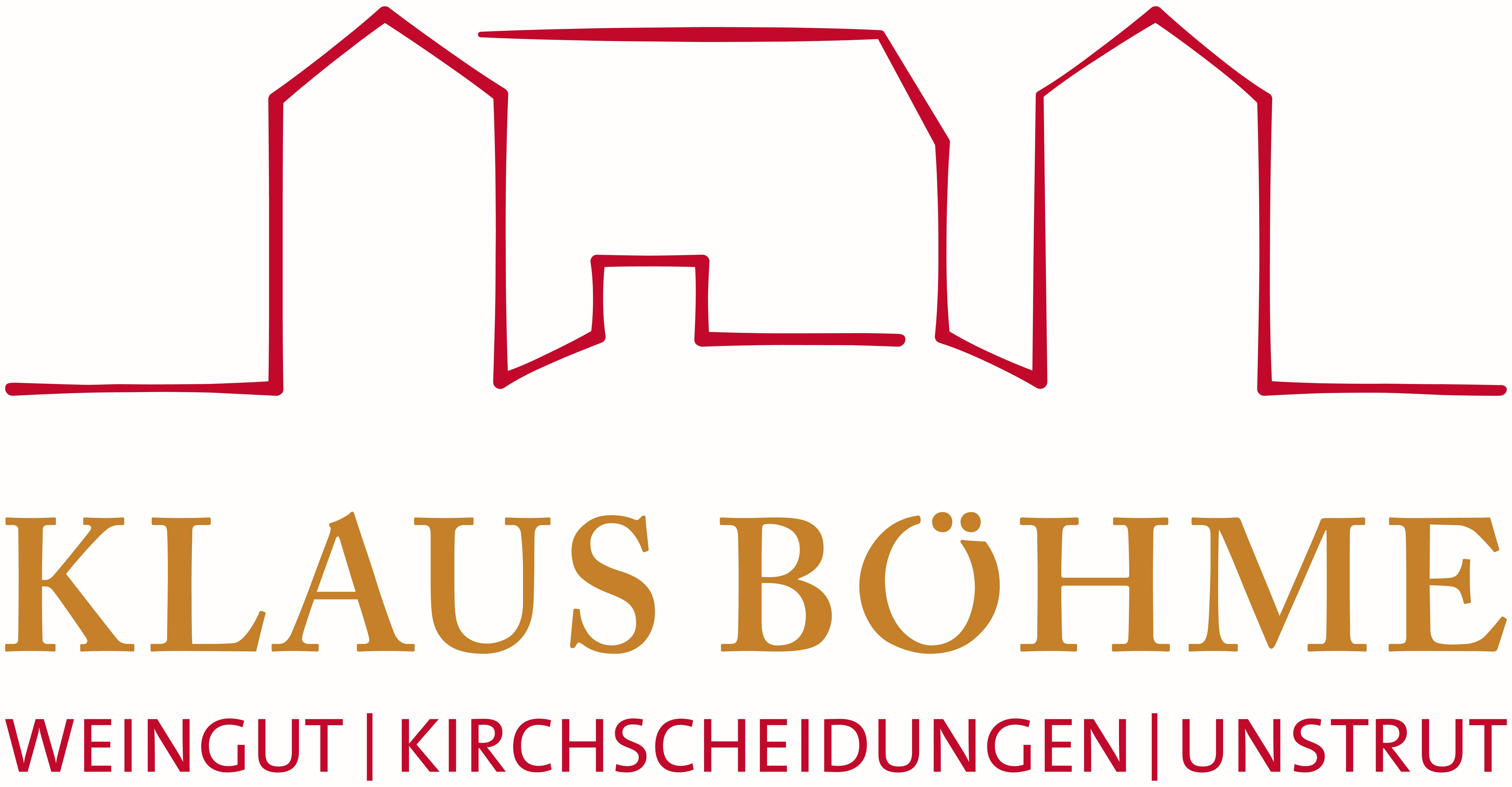 Logo des Weinguts Klaus Böhme mit stilisierten roten Gebäuden und goldener Schrift.