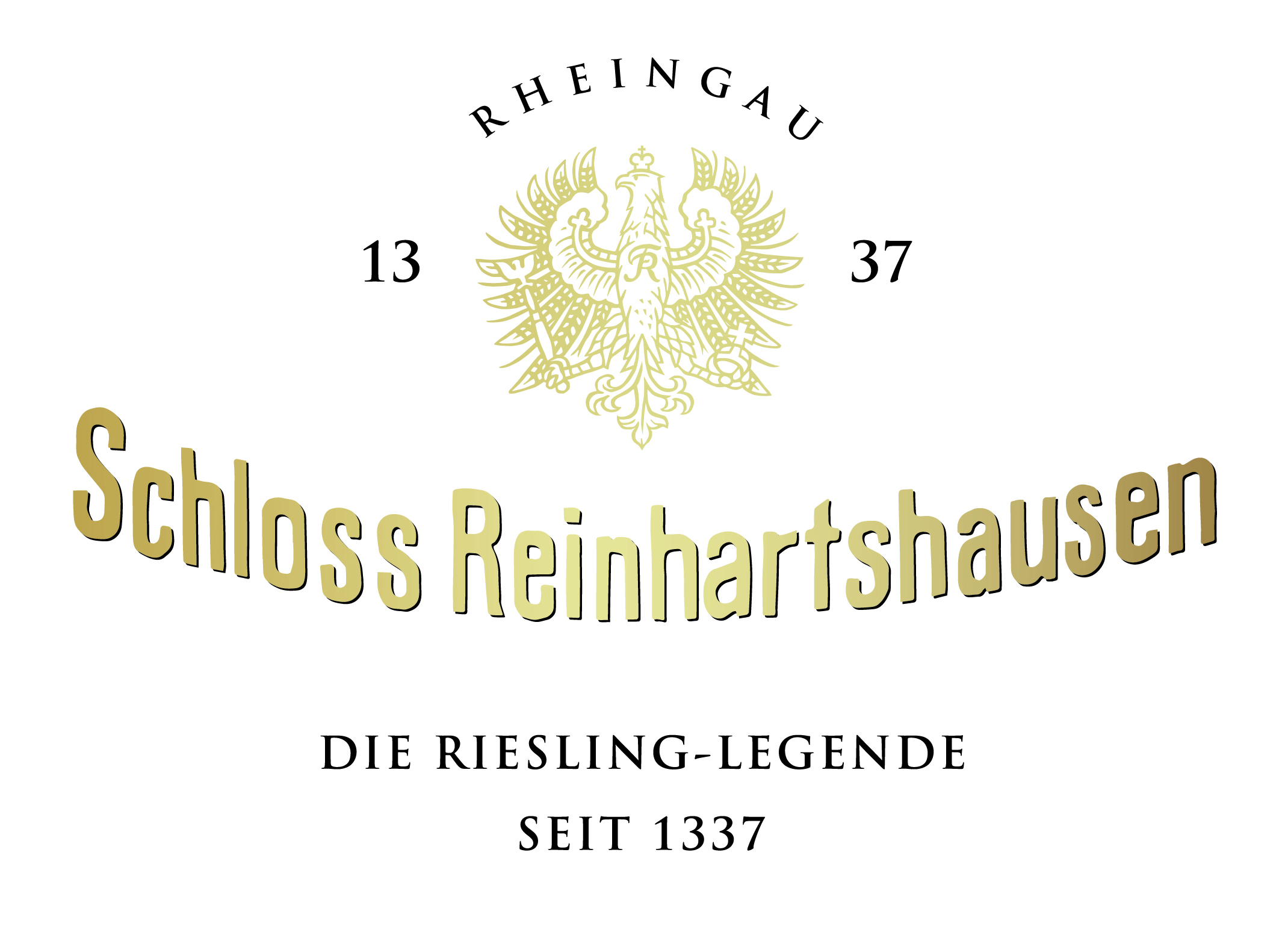 Logo von Schloss Reinhartshausen mit goldenem Adler und Text "Die Riesling-Legende seit 1337".