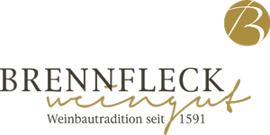 Logo: "Brennfleck Weingut", goldener Kreis mit "B", Text in Schwarz, Slogan: "Weinbautradition seit 1591".