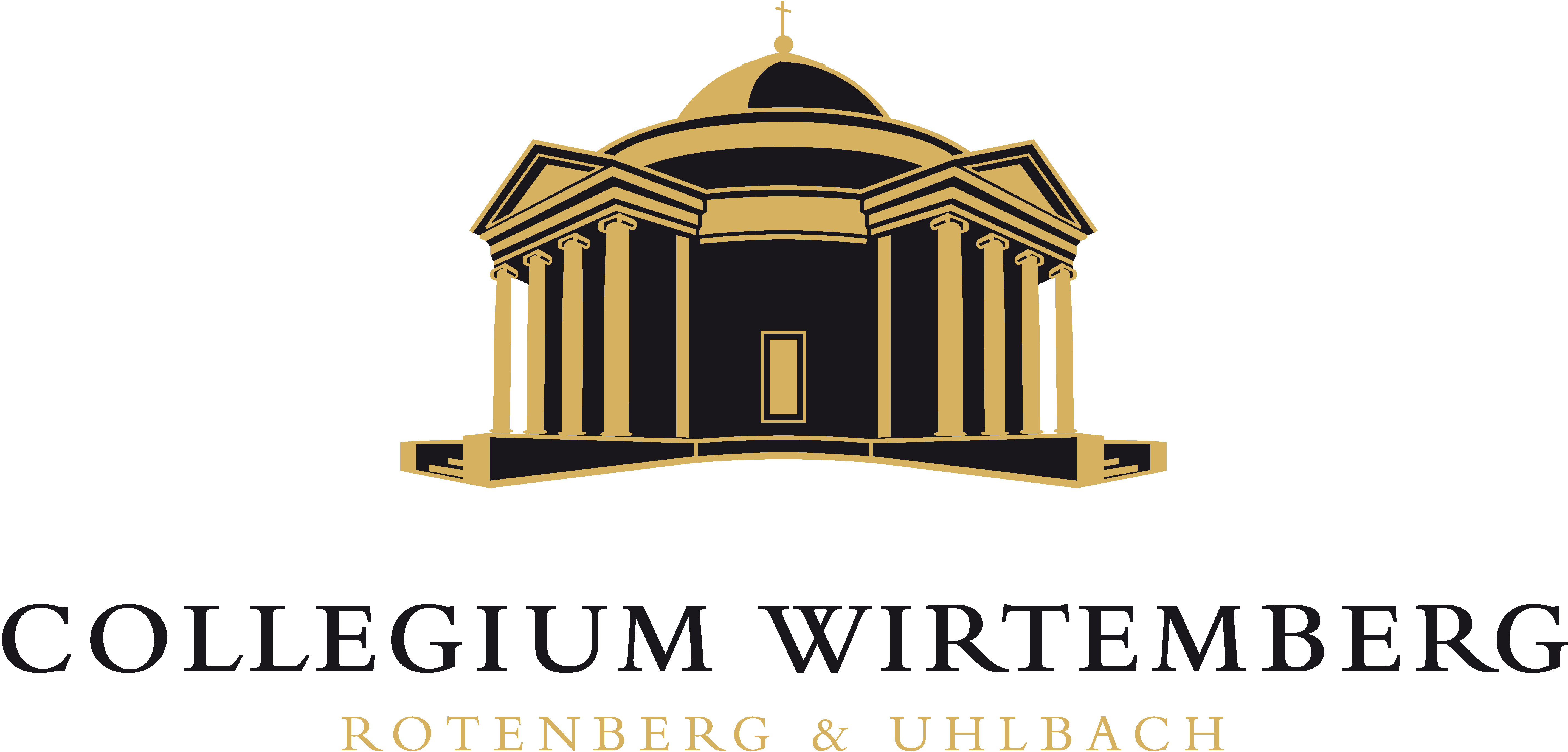 Logo des Collegium Wirtemberg; gold-schwarzes Gebäude mit Rundkuppel und Säulen.