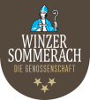 Braunes Logo mit stilisiertem Bischof, Winzer Sommerach Text und drei gelben Sternen unten.