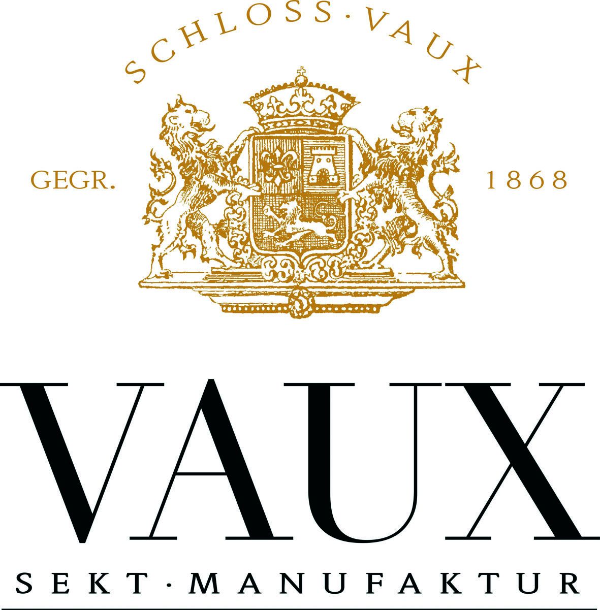 Wappen von Schloss Vaux in Gold, stilisierte Löwen, elegantes Design, schwarze Schrift "VAUX".